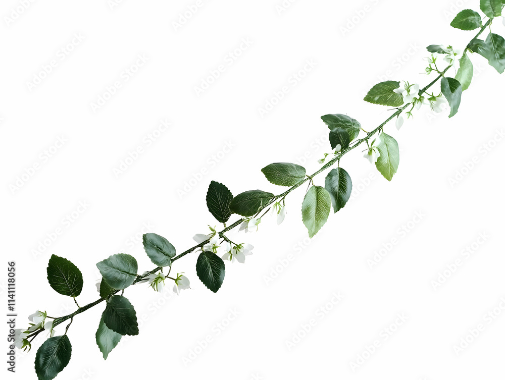 Diagonal vine with green leaves and small white flowers isolated on white background. Diagonal vine with green leaves and small white flowers isolated on white background.