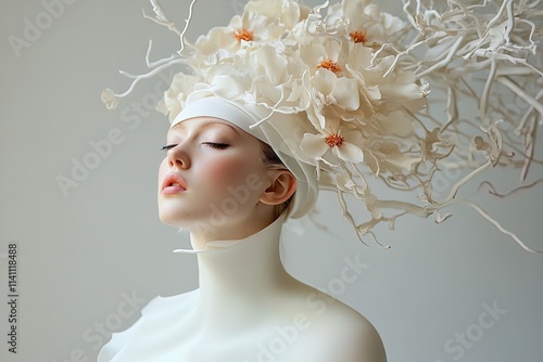 Elegant model showcases artistic floral headpiece in minimalist fashion display at a modern studio