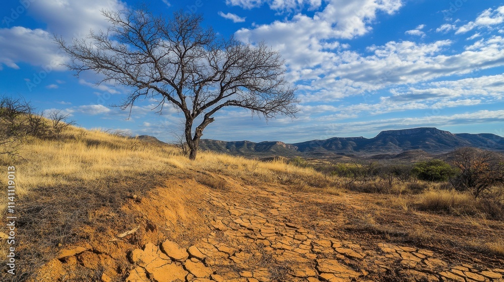 Lone Tree on Cracked Ground Under Blue Sky and White Clouds Lone Tree on Cracked Ground Under Blue Sky and White Clouds
