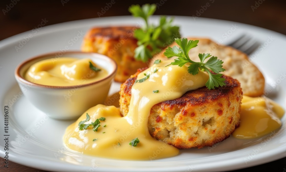 Delicious crab cakes with sauce on plate Delicious crab cakes with sauce on plate