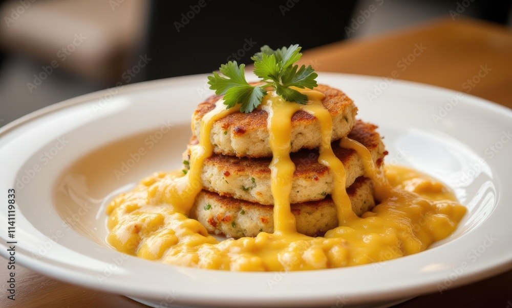 Delicious crab cakes with creamy sauce Delicious crab cakes with creamy sauce