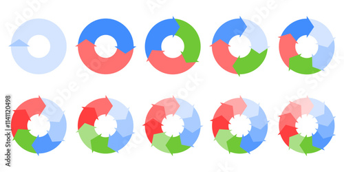 Circular diagram with clockwise arrows divided into segments with steps of 1, 2, 3, 4, 5, 6, 7, 8, 9, 10. Vector illustration of diagram of cyclicity of processes, relationships, sequence.