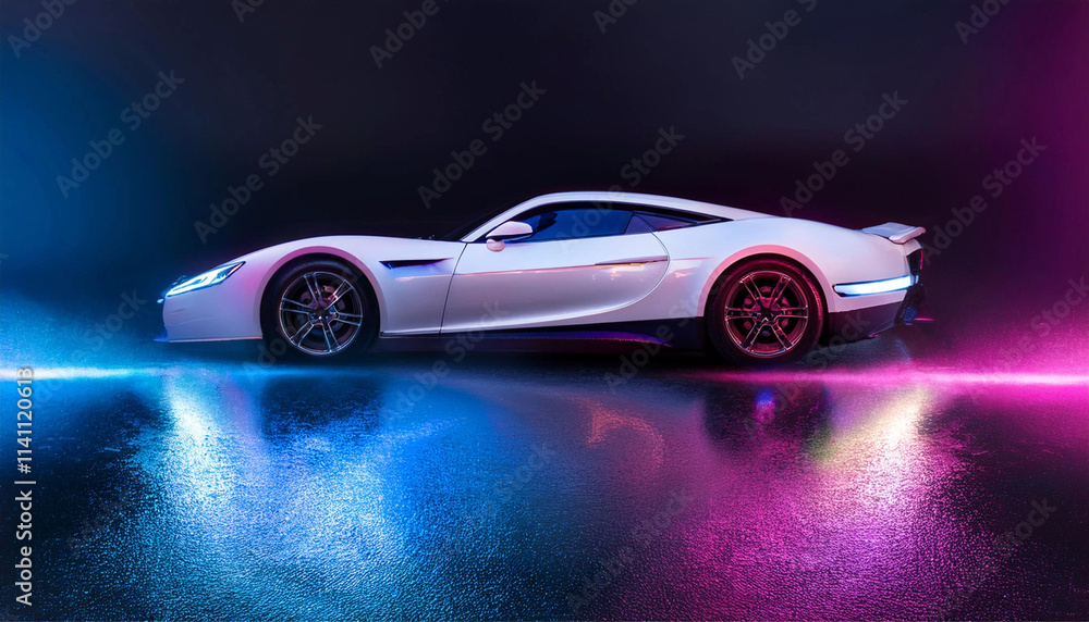 Luxury White Supercar with Blue and Pink Neon Effects Reflecting on Wet Ground Luxury White Supercar with Blue and Pink Neon Effects Reflecting on Wet Ground