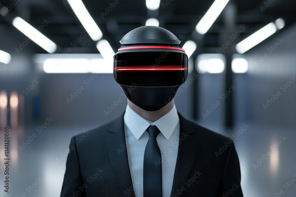 Futuristic man in sleek suit and helmet stands in modern, minimalistic environment during nighttime Futuristic man in sleek suit and helmet stands in modern, minimalistic environment during nighttime