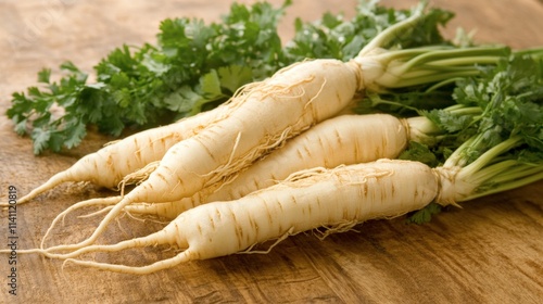 Fresh Parsnips with Green Leaves on Rustic Wooden Table