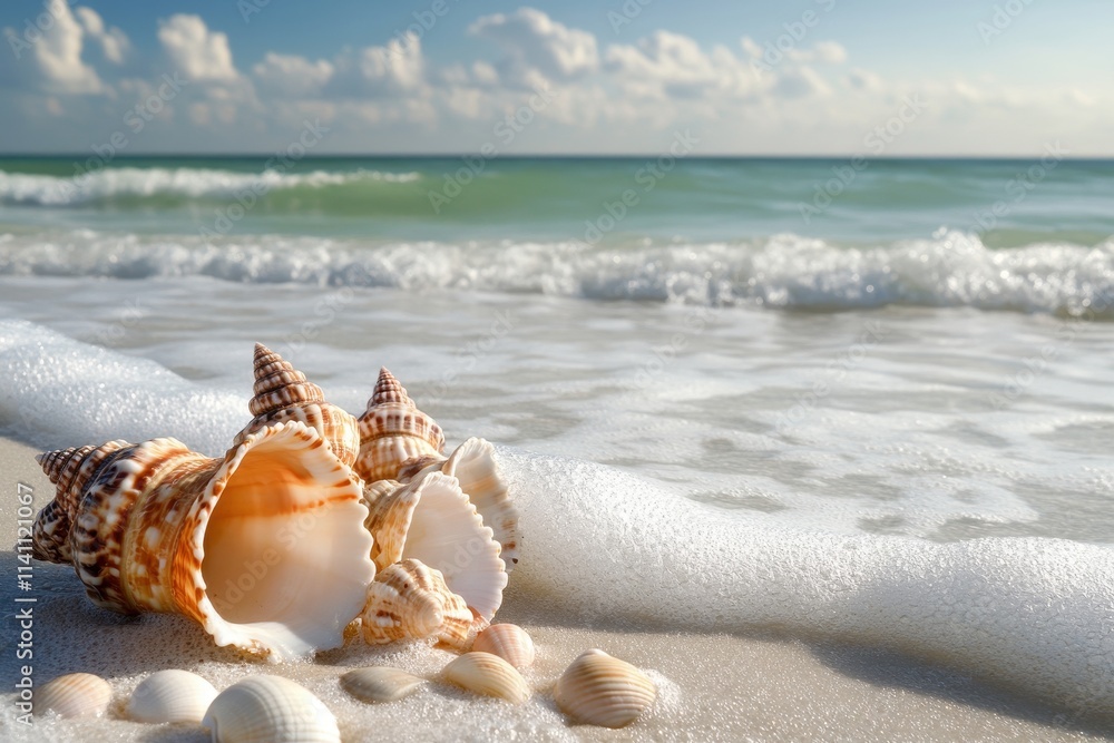 Scenic beach with seashells on smooth white sand and gentle ocean waves rolling under a sunny sky Scenic beach with seashells on smooth white sand and gentle ocean waves rolling under a sunny sky