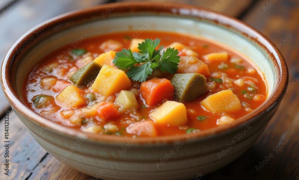 Hearty vegetable soup in a rustic bowl Hearty vegetable soup in a rustic bowl