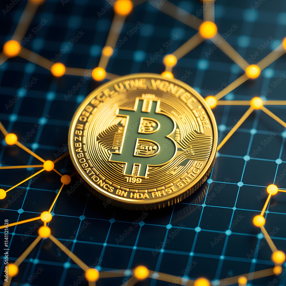 Shining Bitcoin Coin with Glowing Blockchain Connections Shining Bitcoin Coin with Glowing Blockchain Connections