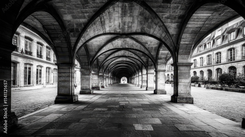 Black and White Arched Walkway in Historic European Architecture Black and White Arched Walkway in Historic European Architecture