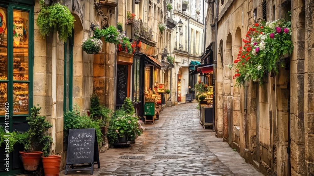 Fototapeta premium Charming European Cobblestone Street with Flowered Facades