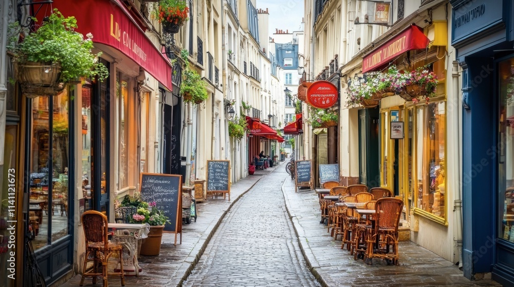 Charming Parisian Street with Cafes and Flower Baskets Charming Parisian Street with Cafes and Flower Baskets