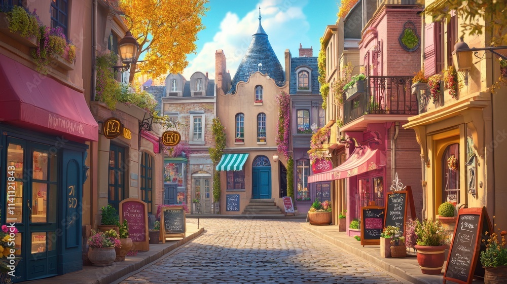 Naklejka premium Charming European Street with Colorful Buildings and Autumn Trees