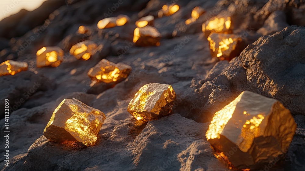 Glimmering Gold Nuggets on Rocky Surface at Sunset Light Glimmering Gold Nuggets on Rocky Surface at Sunset Light