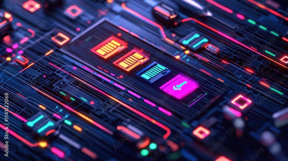 Fototapeta premium Futuristic Circuit Board with Neon Lights and Digital Patterns