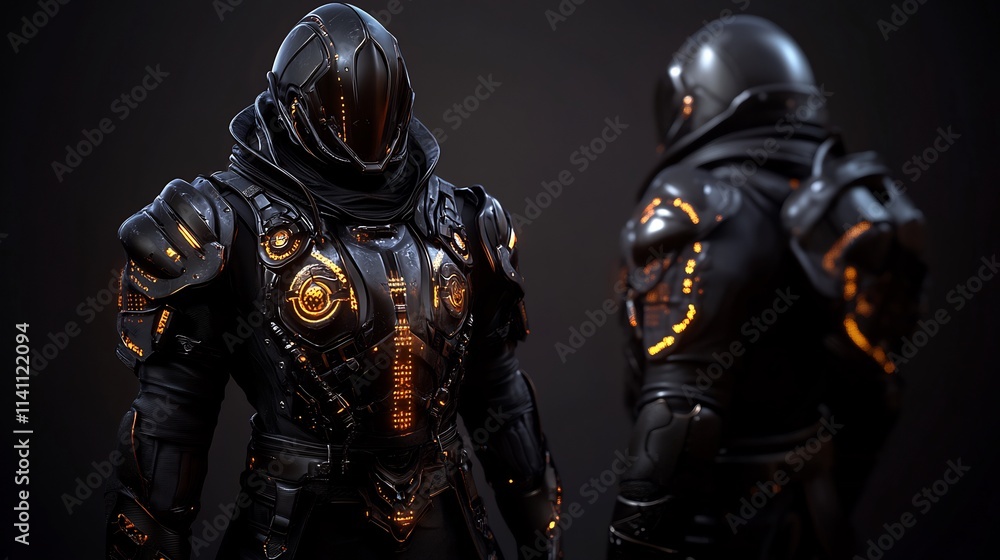 A Glimpse into Tomorrow's Warriors. Two imposing figures clad in advanced armor, illuminated by glowing accents, stand against a dark backdrop. Their presence exudes power and mystery. A Glimpse into Tomorrow's Warriors. Two imposing figures clad in advanced armor, illuminated by glowing accents, stand against a dark backdrop. Their presence exudes power and mystery.