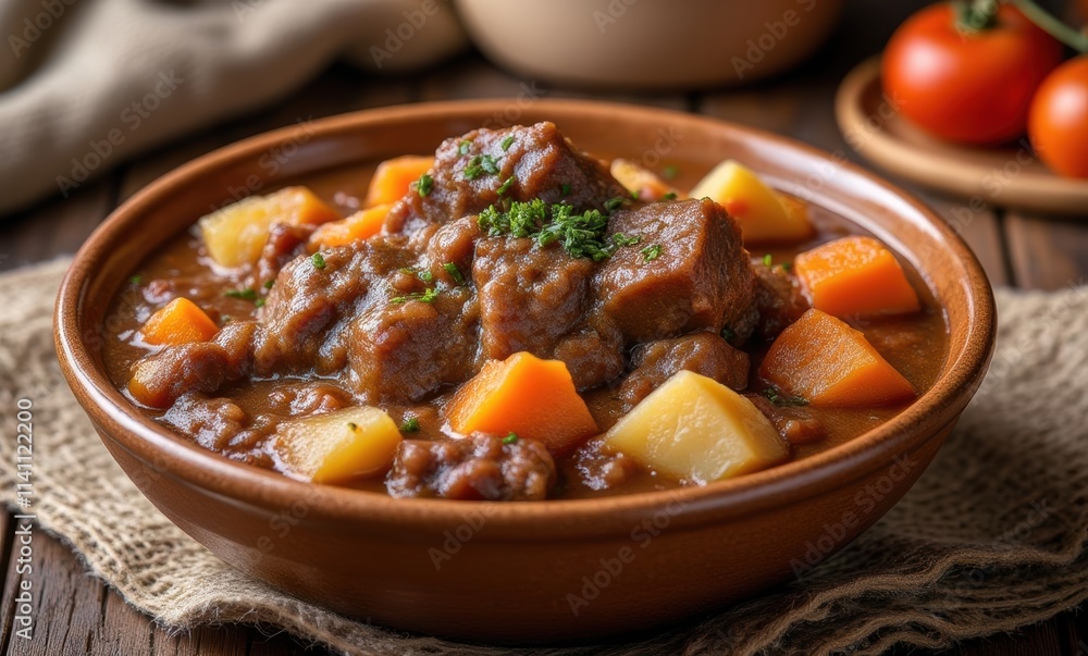 Hearty beef stew with vegetables in a bowl Hearty beef stew with vegetables in a bowl
