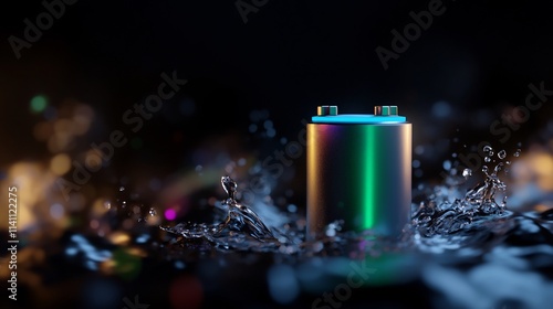 Waterproof Battery Innovation: A futuristic battery withstands water splashes, showcasing its durability and resilience. The vibrant colors and dark backdrop highlight the advanced technology. photo