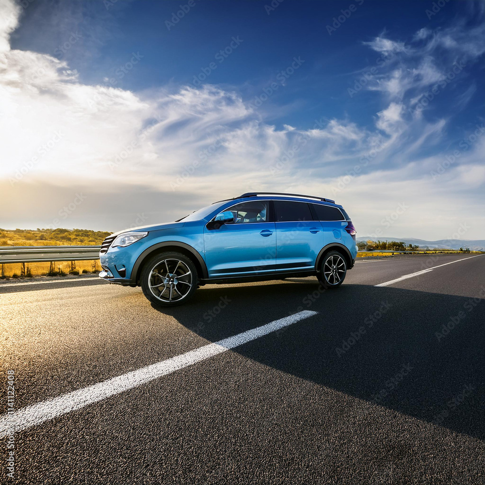 Fototapeta premium Sleek Metallic Blue SUV Racing on a Wide Highway
