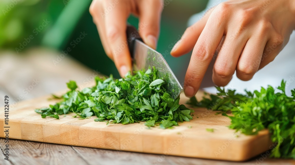 Experience the vibrant colors and textures of fresh herbs being chopped with precision on a rustic wooden board. Experience the vibrant colors and textures of fresh herbs being chopped with precision on a rustic wooden board.