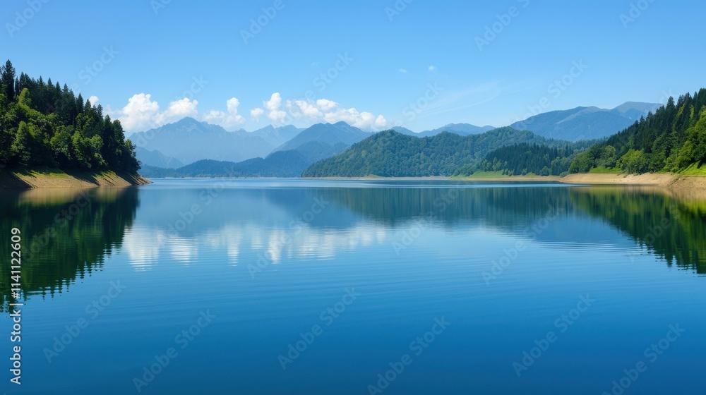 Naklejka premium Discover serene lakes and lush forests nestled among majestic mountains. A perfect escape for nature lovers and travelers.