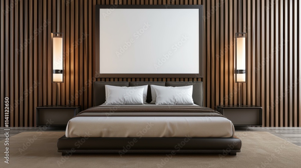 A sleek bedroom design showcases a large blank frame against a dark wood backdrop, emphasizing modern decor style. A sleek bedroom design showcases a large blank frame against a dark wood backdrop, emphasizing modern decor style.