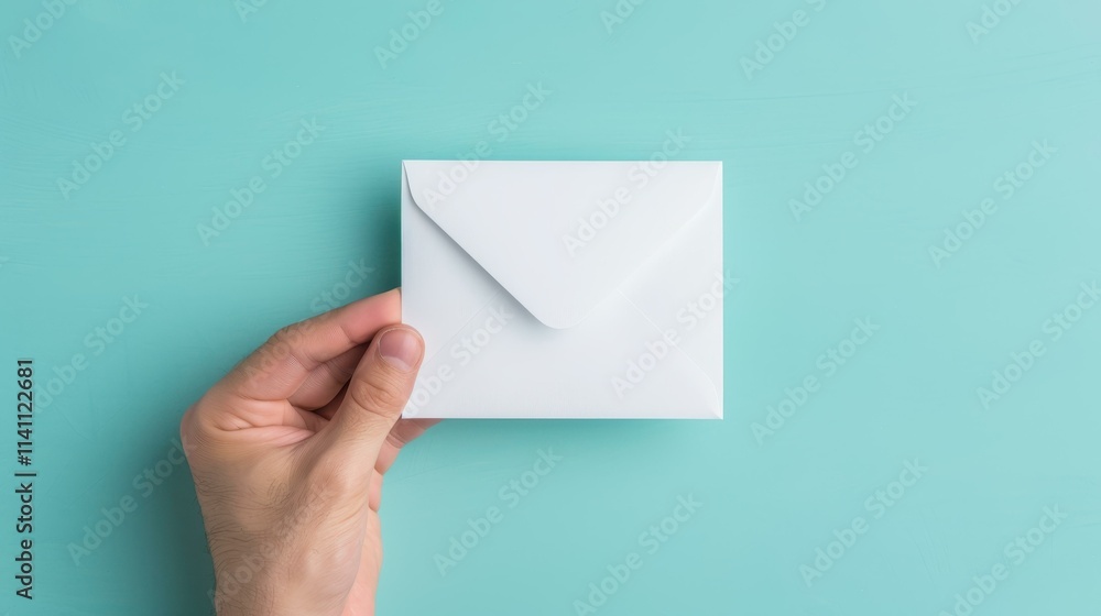 A person reveals a crisp white envelope against a vibrant teal background, capturing attention with simplicity. A person reveals a crisp white envelope against a vibrant teal background, capturing attention with simplicity.