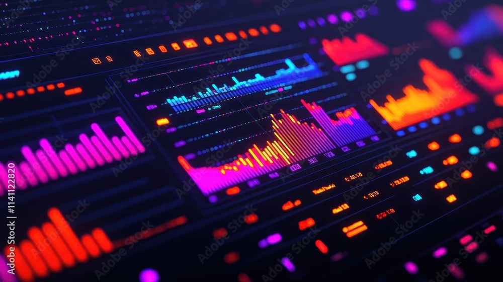 Colorful Data Visualization with Charts and Graphs on Dark Background Colorful Data Visualization with Charts and Graphs on Dark Background