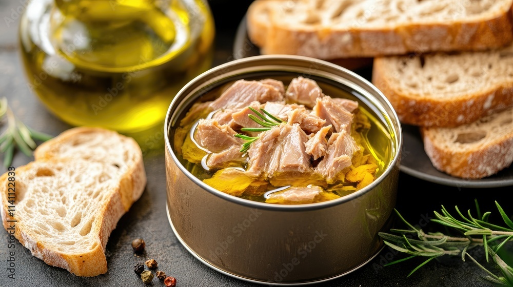Tinned Fish in Olive Oil with Bread Slices on Dark Background Tinned Fish in Olive Oil with Bread Slices on Dark Background