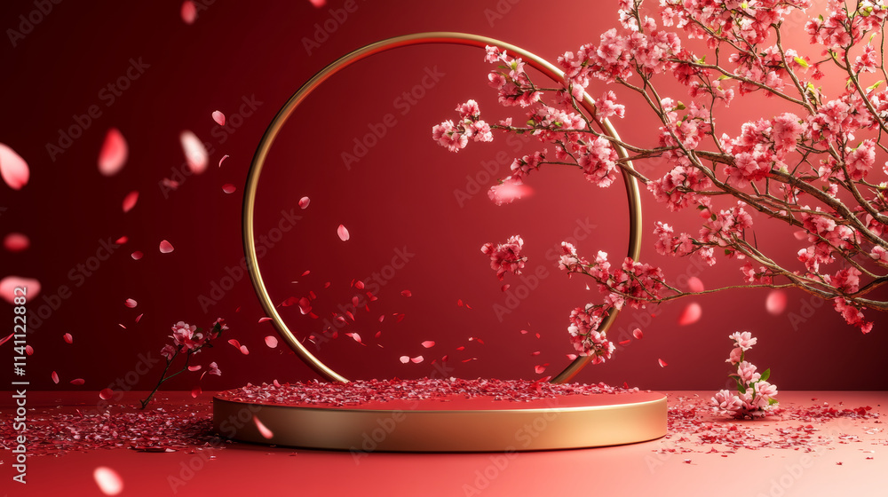 Red background petal e-commerce product exhibition booth Red background petal e-commerce product exhibition booth