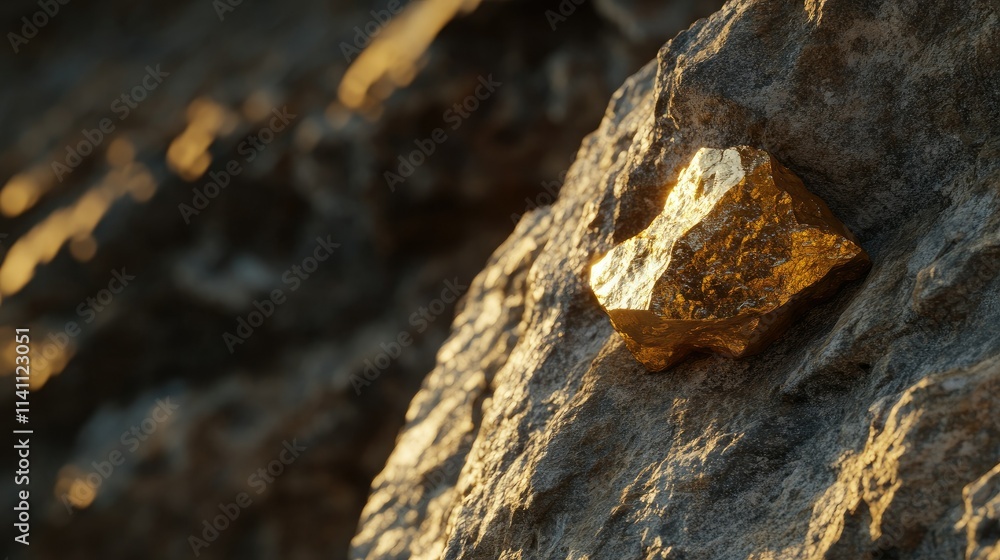 Glimmering Golden Rock on Rugged Stone Surface in Natural Light Glimmering Golden Rock on Rugged Stone Surface in Natural Light