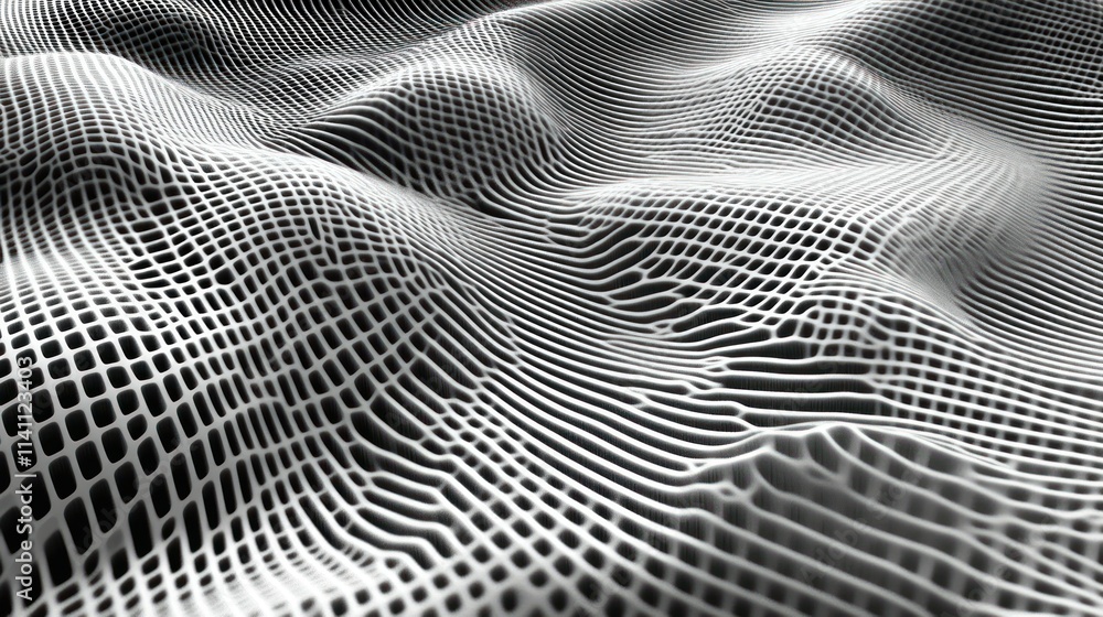 Fototapeta premium Abstract background with waves made of a lot of dark metallic silver cubes geometry primitive forms that goes up and down under black-white lighting. 3D illustration. 3D CG.