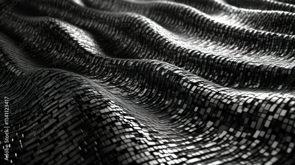 Fototapeta premium Abstract background with waves made of a lot of dark metallic silver cubes geometry primitive forms that goes up and down under black-white lighting. 3D illustration. 3D CG.
