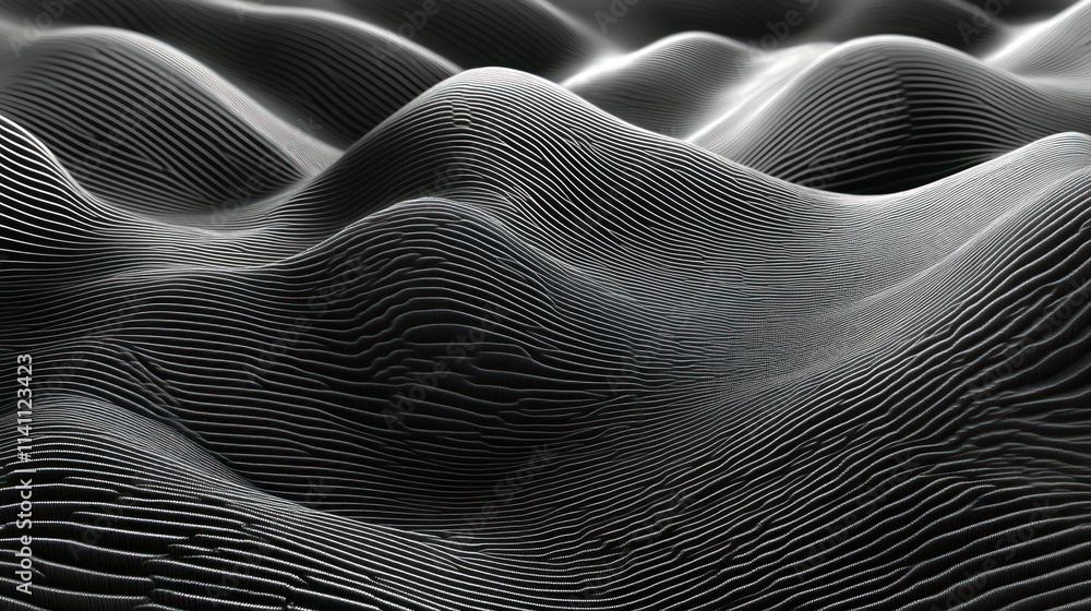 Obraz premium Abstract background with waves made of a lot of dark metallic silver cubes geometry primitive forms that goes up and down under black-white lighting. 3D illustration. 3D CG.