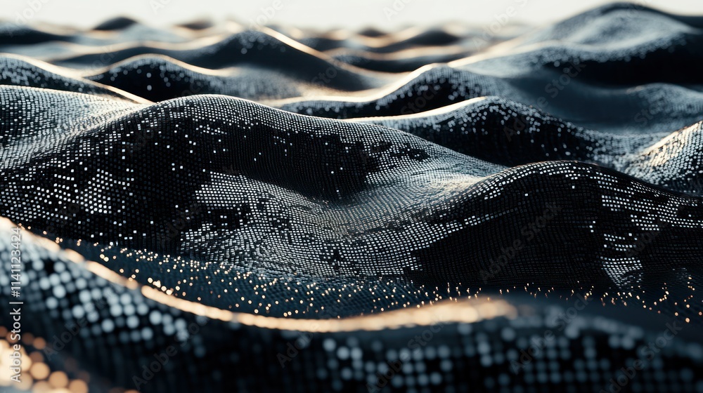 Fototapeta premium Abstract background with waves made of a lot of dark metallic silver cubes geometry primitive forms that goes up and down under black-white lighting. 3D illustration. 3D CG.