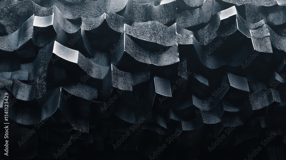 Naklejka premium Abstract background with waves made of a lot of dark metallic silver cubes geometry primitive forms that goes up and down under black-white lighting. 3D illustration. 3D CG.