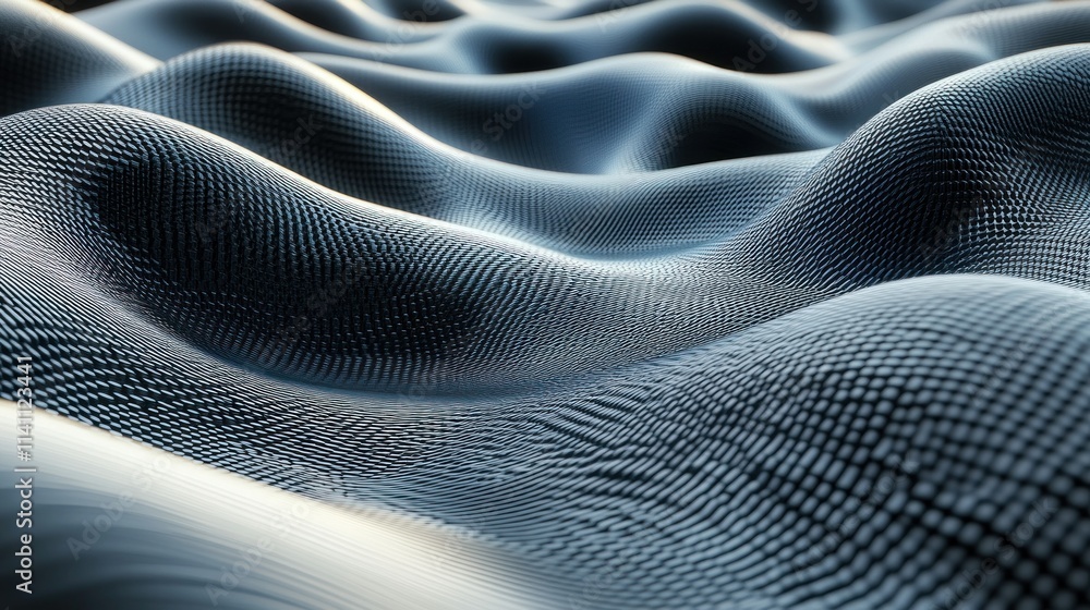 Naklejka premium Abstract background with waves made of a lot of dark metallic silver cubes geometry primitive forms that goes up and down under black-white lighting. 3D illustration. 3D CG.