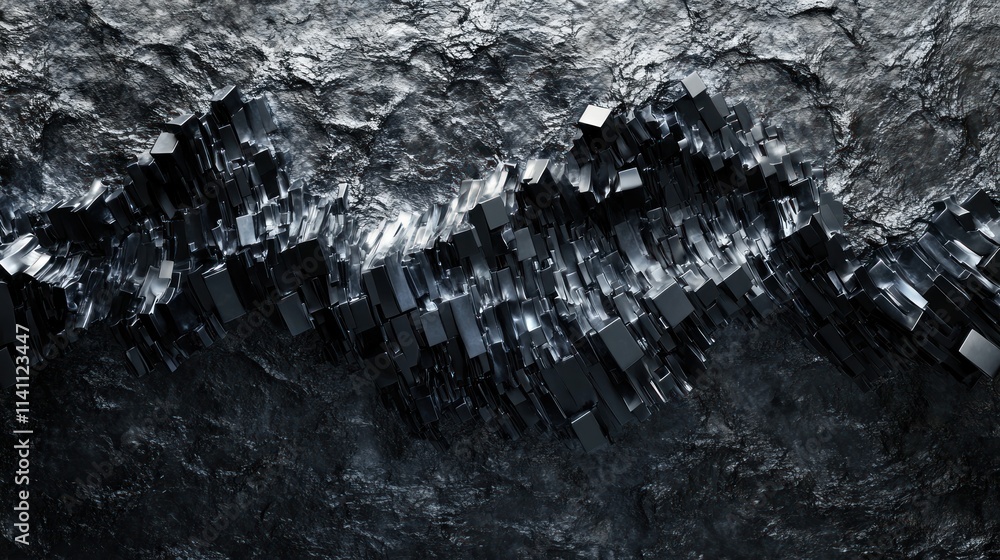 Fototapeta premium Abstract background with waves made of a lot of dark metallic silver cubes geometry primitive forms that goes up and down under black-white lighting. 3D illustration. 3D CG.