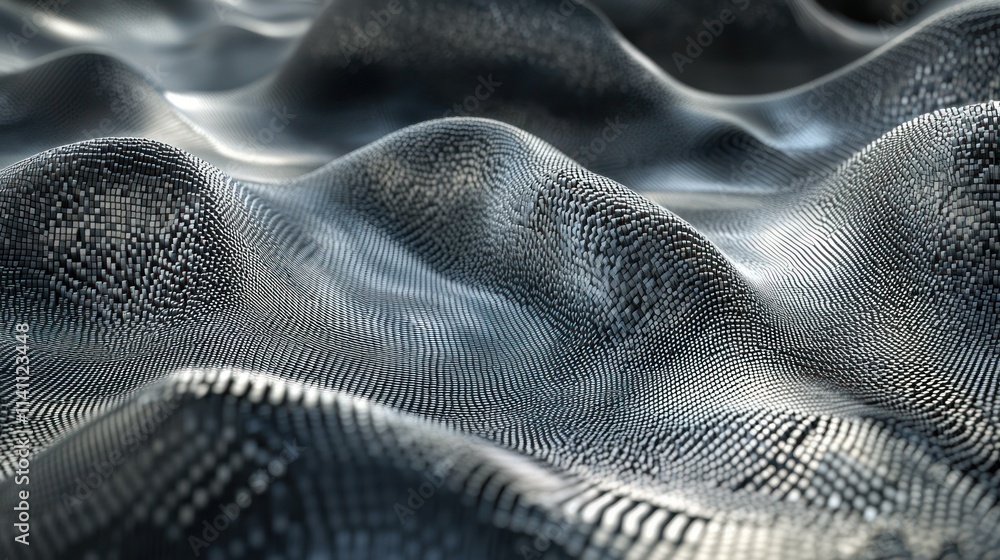 Fototapeta premium Abstract background with waves made of a lot of dark metallic silver cubes geometry primitive forms that goes up and down under black-white lighting. 3D illustration. 3D CG.