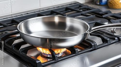 Sleek Stainless Steel Frying Pan Heating on Modern Gas Stove