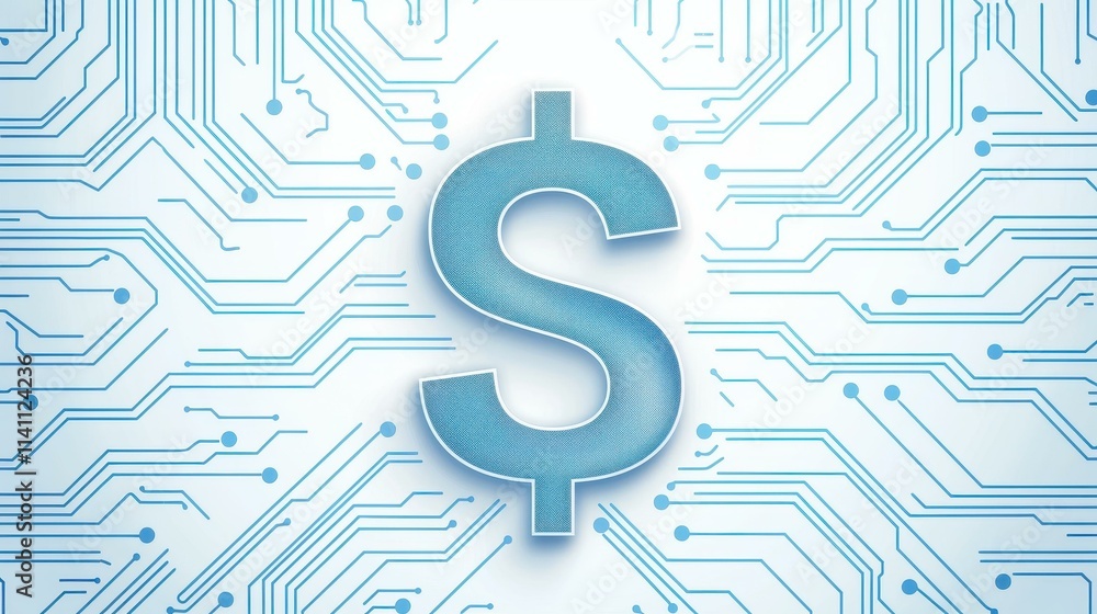 This vibrant design merges finance and tech, showcasing a dollar sign integrated with digital circuitry for a modern look. This vibrant design merges finance and tech, showcasing a dollar sign integrated with digital circuitry for a modern look.