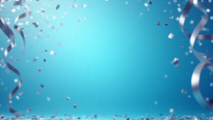 Festive silver streamers and confetti falling against cerulean blue background with copy space