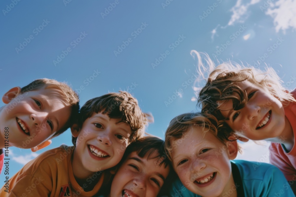 Group of happy children smiling and looking at camera against blue sky. Group of happy children smiling and looking at camera against blue sky.