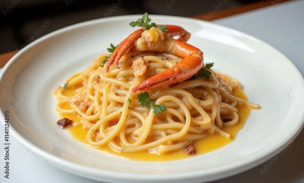 Delicious shrimp pasta garnished with herbs Delicious shrimp pasta garnished with herbs