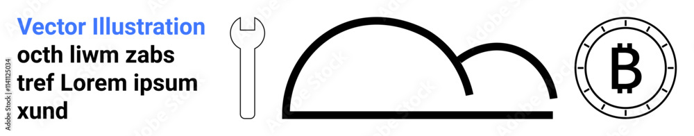Wrench, mountain outline, and Bitcoin symbol with placeholder text. Ideal for technology, cryptocurrency, finance, engineering, construction, mountain design themes. Landing page Wrench, mountain outline, and Bitcoin symbol with placeholder text. Ideal for technology, cryptocurrency, finance, engineering, construction, mountain design themes. Landing page