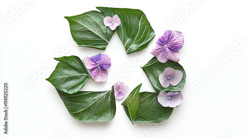 A dynamic recycling symbol composed of lush green leaves and delicate flowers in soft purple and pink tones, the edges are cleanly cut, and petals appear translucent like stained glass. Perfectly isol photo