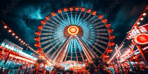 A vibrant nighttime scene of a ferris wheel illuminated with colorful lights. photo