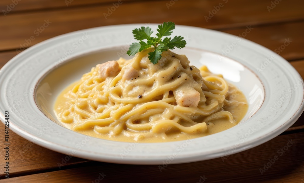 Creamy pasta dish garnished with herbs Creamy pasta dish garnished with herbs