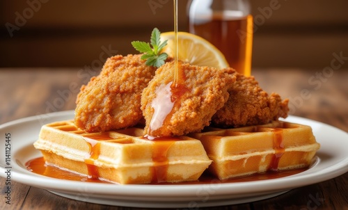 Delicious chicken and waffles platter photo