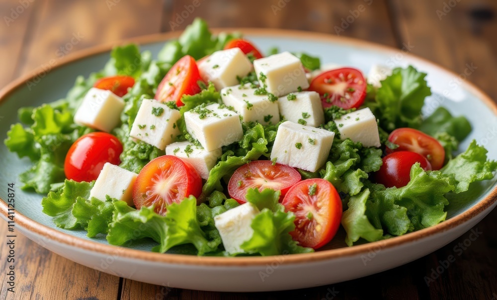 Fresh green salad with cheese and tomatoes