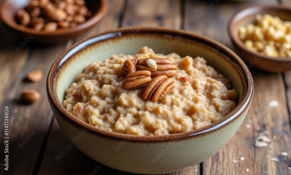 Delicious oatmeal topped with pecans Delicious oatmeal topped with pecans